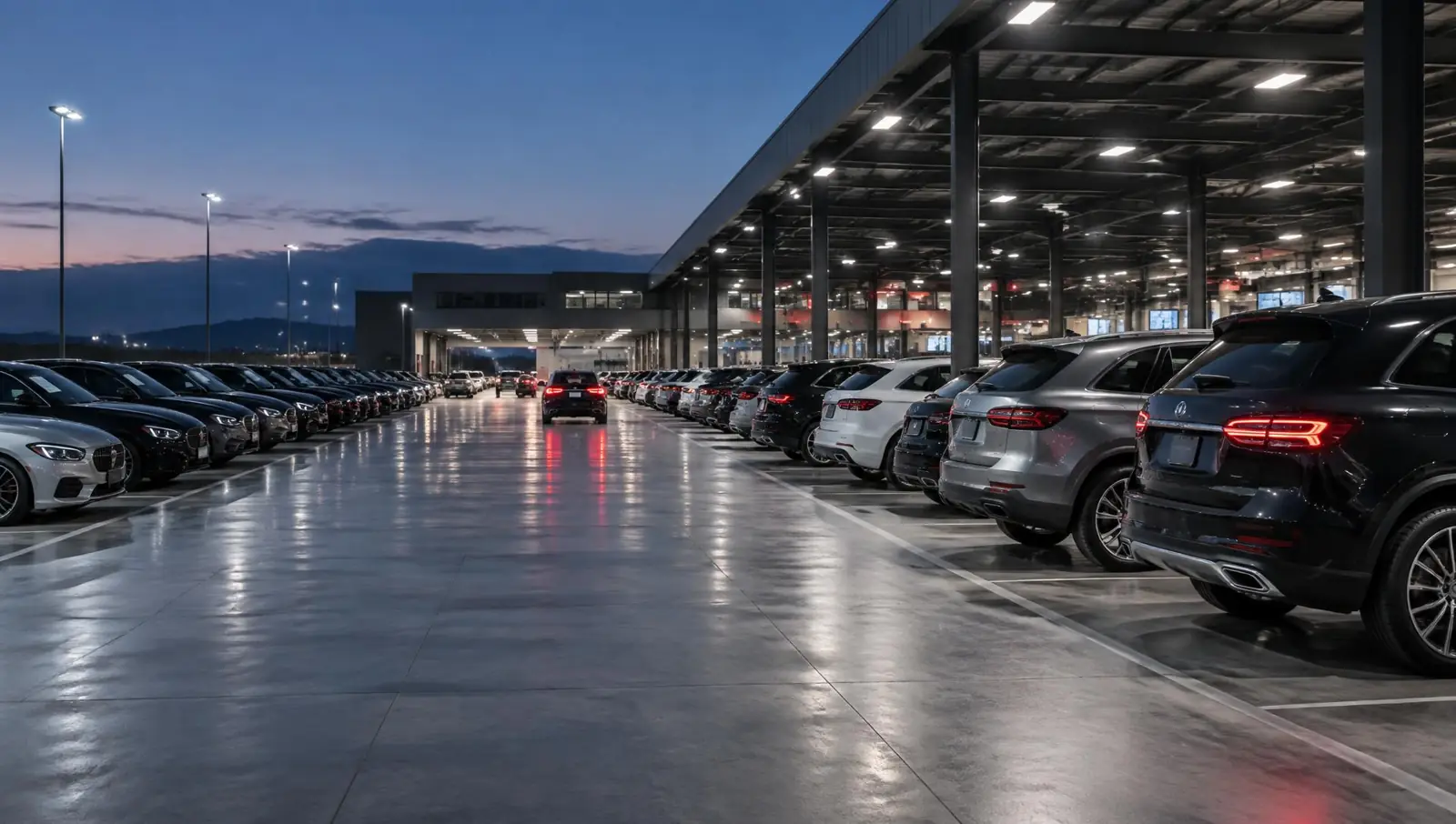 Premium vehicles arranged at an automotive remarketing facility