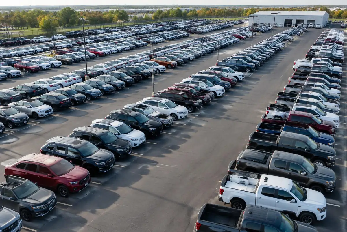 Organized rows of vehicles at an automotive remarketing facility