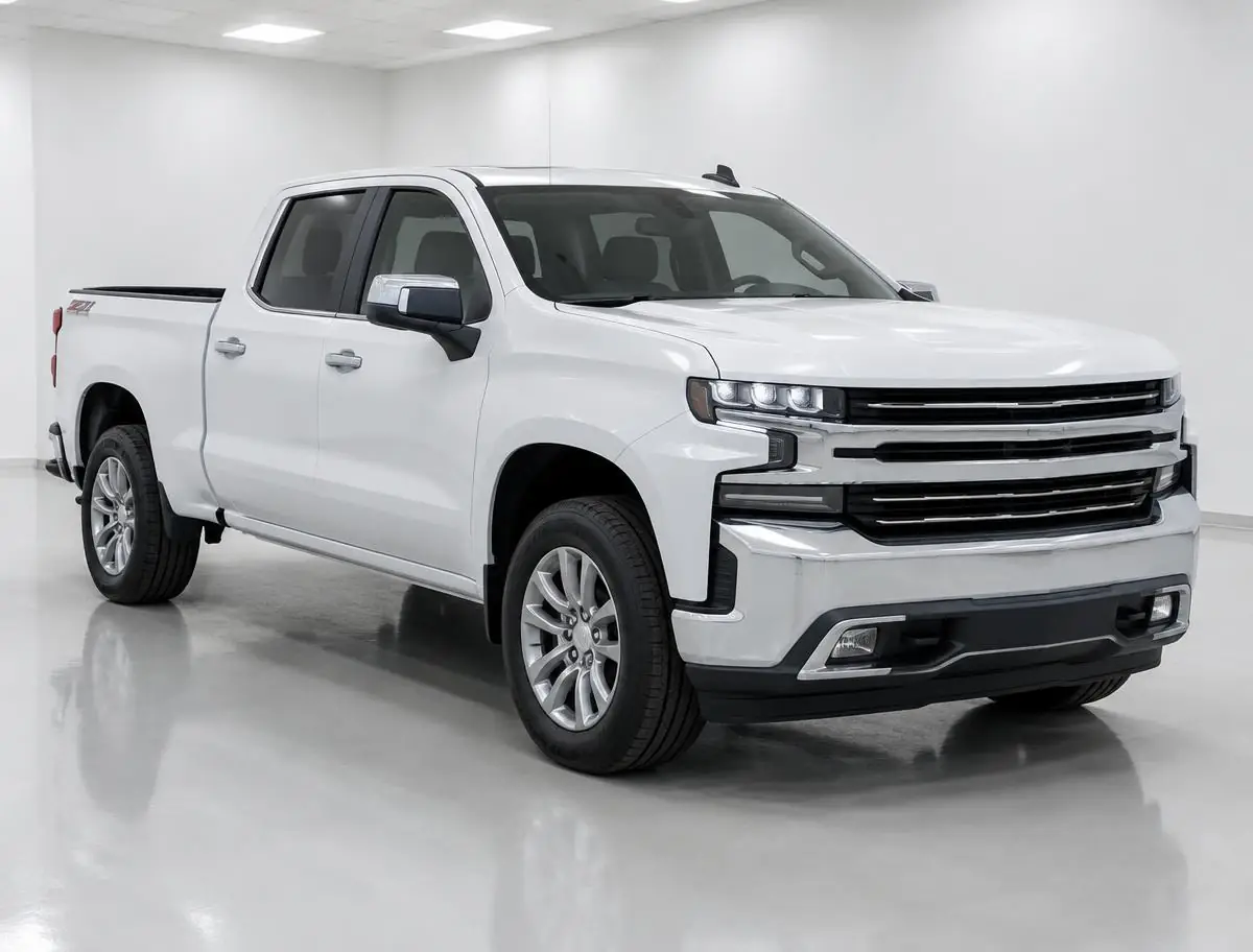White premium pickup truck in a professional vehicle photo bay